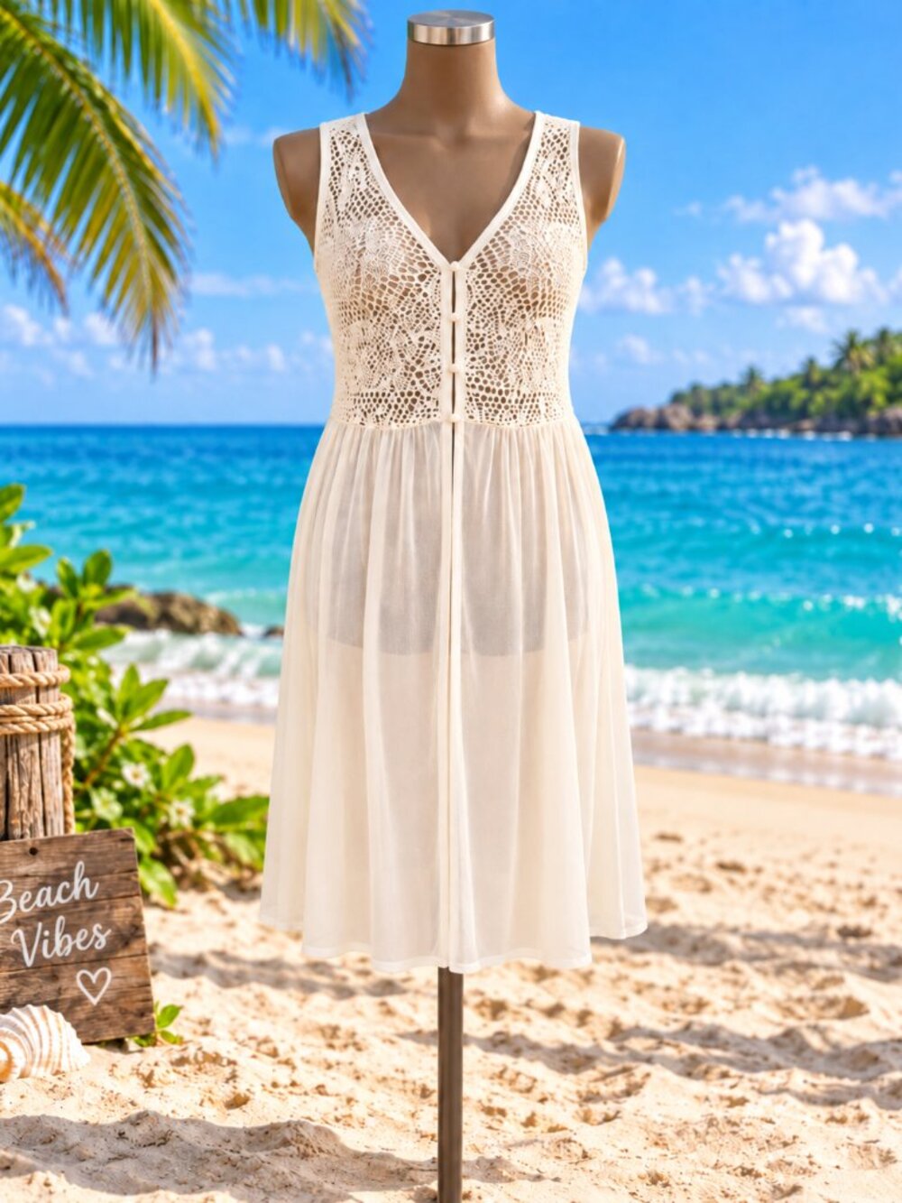 White Crochet Lace Sheer Maxi Swim Cover Up V Neck Button Front Beach Resort